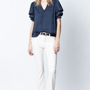 Zadig & Voltaire Women’s Taste Satin Blouse Size XS Ruffle Puff Sleeve Top Blue